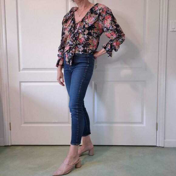 Monalisa | Vintage 80s-90s Ruffled Floral Shirt w/ Tie & Shawl Collar | S - Picture 3 of 10